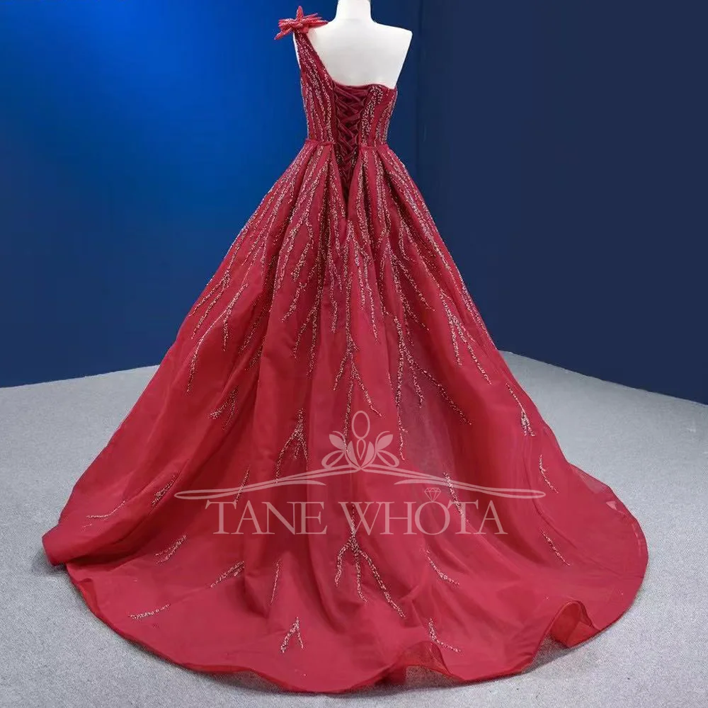 Vestido de noche rojo con un solo hombro, espalda con cordones y tren desmontable, vaina de lentejuelas, vestido de noche lujoso personalizable para mujer