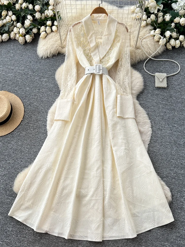 

Ele Lace Hollow out Sexy A-Line Dr Women's Early Spring Long Sve High Waist Waist Cinching Aosphere Long Dr Hi...