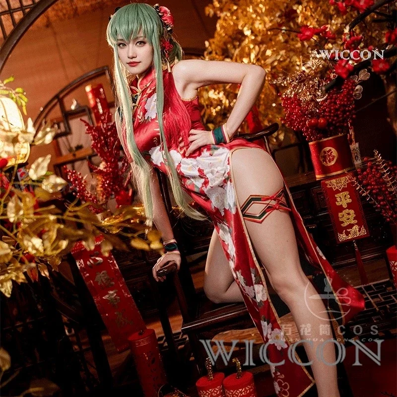 รหัสอะนิเมะ Lelouch of the rebellion C.C. วิกแม่มดชุดคอสเพลย์ผู้หญิงชุดกี่เพ้ากี่เพ้าสีแดงชุดปาร์ตี้เซ็กซี่ของผู้หญิง