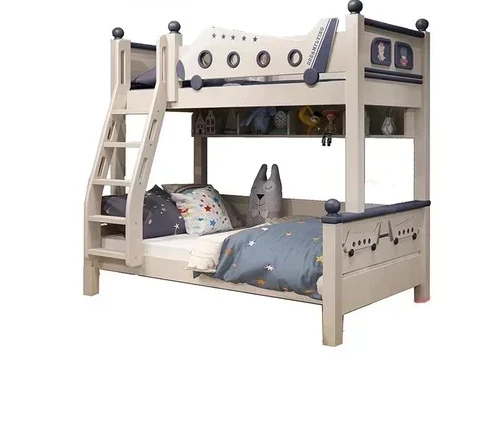 

Two-Story Bunk Bed Small Apartment Bunk Bed Solid Wood Sliding Ladder Double Upper and Lower Bunk Cartoon Aircraft