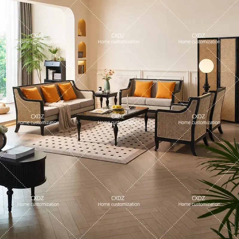 Retro Rattan Solid Wood Sofa Wabi Sabi Style 3 Seater Straight Ash Wood Couch for Living Room Small Apartment Hotel Furniture