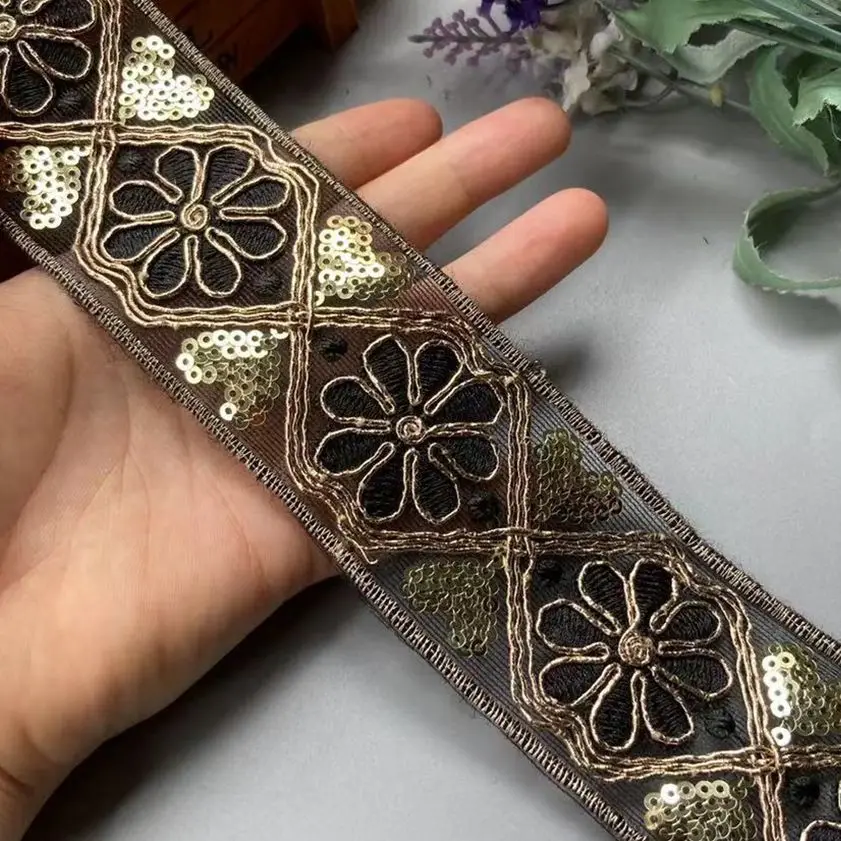 

2 Yards Lace Trim Floral Sequined Webbing Ribbon Ethnic Clothing Embroidered Bridal Lace Sew Accessories Embroidery Crocheted