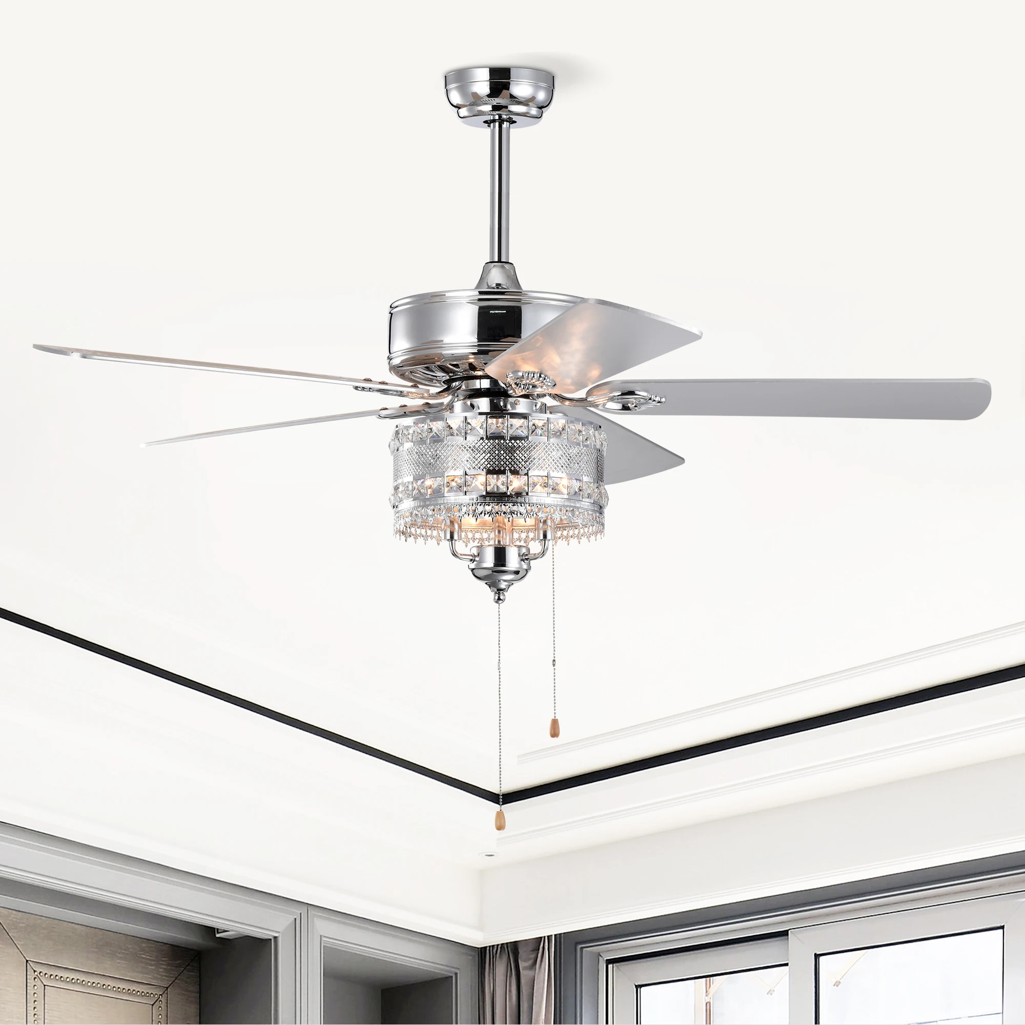 52'' Classical Crystal Ceiling Fan Lamp 5 Reversible Blades for Living Room, Dining Room, Bedroom, Family Room, Chrome (Hand Pul