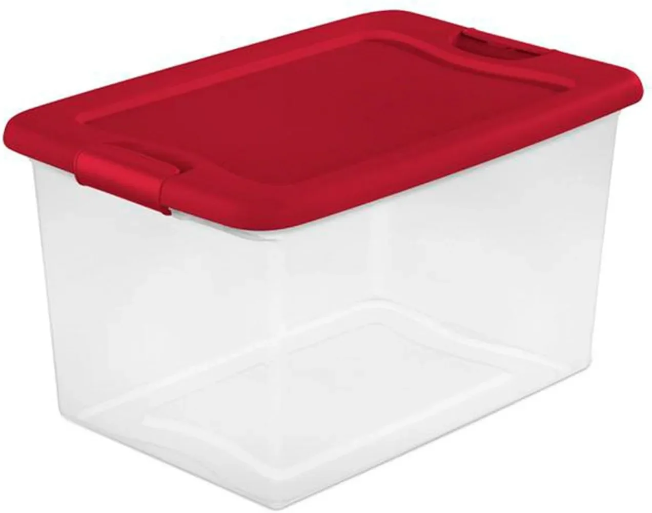 

64 Qt Latching Storage Box, Stackable Bin with Latch Lid, Organize Holiday Decor in Closet, Clear Base with Red Lid, 6-Pack