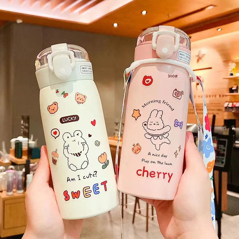 350ml/500ml Cute Water Bottle Thermos Cup Portable Kawaii Thermos Bottle with Straw and Stickers Kid Stainless Steel Thermal Mug