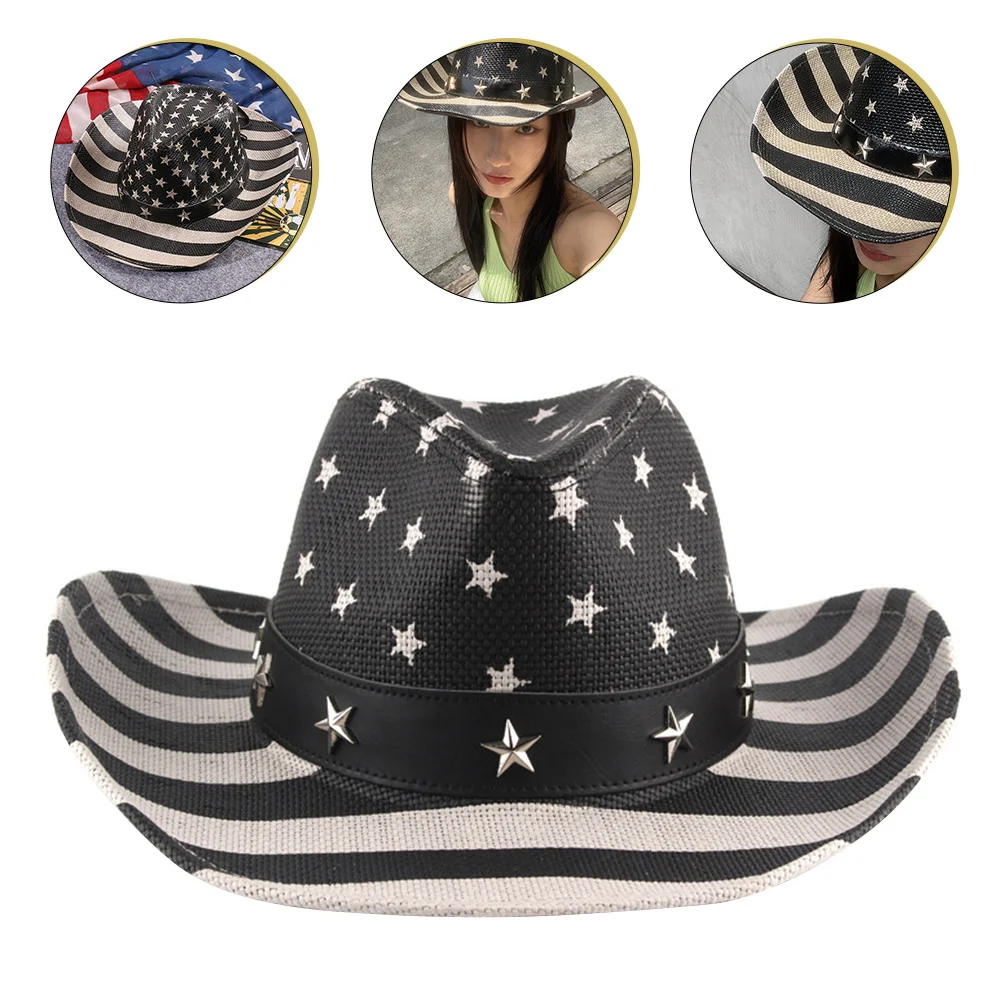 

Cowboy Hat American Flag Design Wide Brim Straw Sun Hat for 4th of July National Day Outdoor Activities Men Women