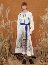 Women's Long Dress with Belt, Hand Drawn, Nature, Spring and Autumn, New Arrival