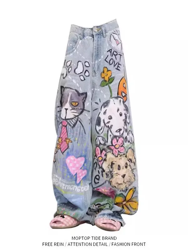 Retro American Hand-Drawn Graffiti Men's Casual Loose Straight Leg Jeans Spring Autumn New Style Youthful Vitality Wide Leg P...