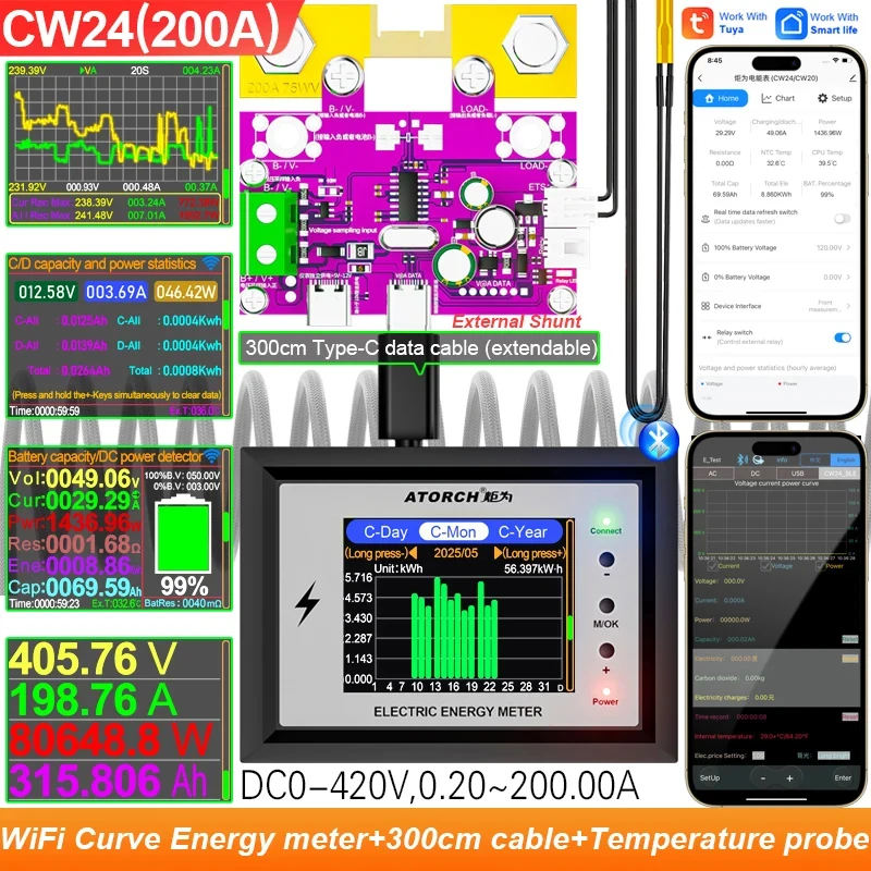 CW24 Smart Batteriekapazitätstester 0-420 V DC Tuya WiFi Digitalanzeige für Spannung Strom Coulomb Meter Lithium-Batterie-Monitor