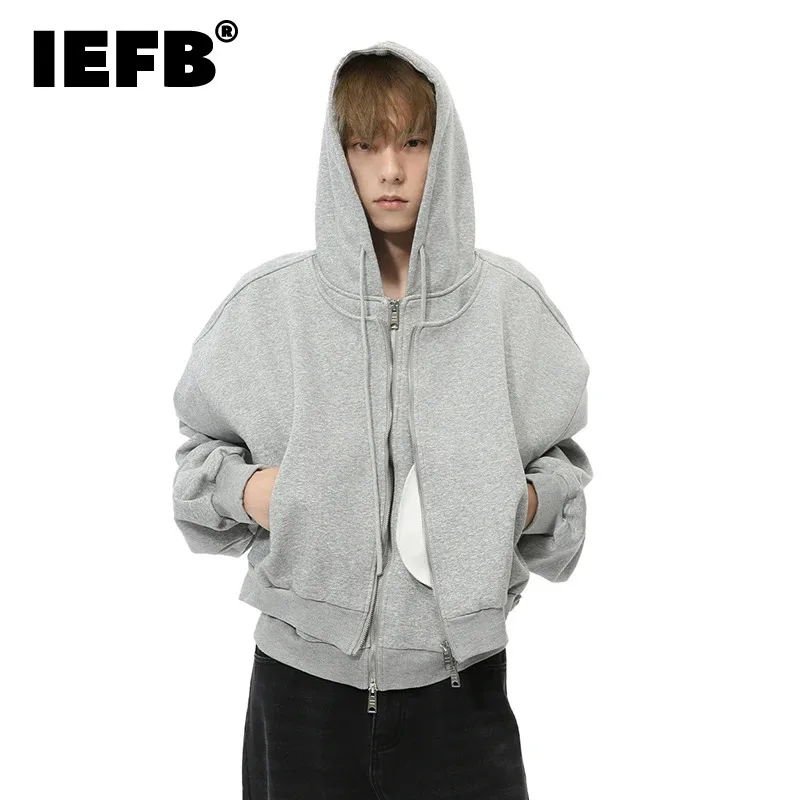 IEFB Korean Style Men\'s Hoodies Casual Drawstring Fake Two-piece Hooded Zipper Loose Solid Color Male Sweatshirts Fashion 9C7706