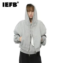 IEFB Korean Style Men's Hoodies Casual Drawstring Fake Two-piece Hooded Zipper Loose Solid Color Male Sweatshirts Fashion 9C7706