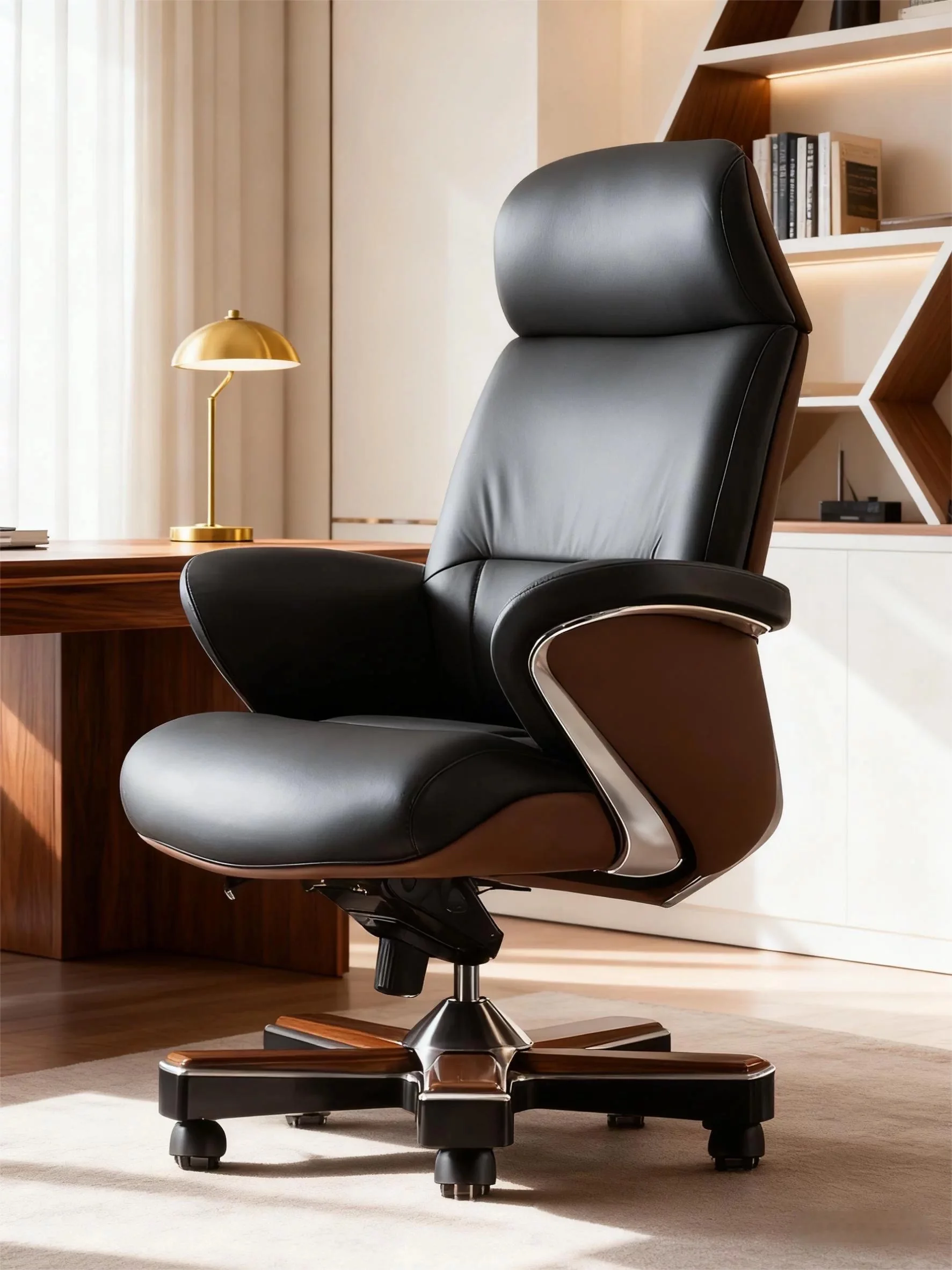High Back Modern Executive Office Chair Genuine Leather Ergonomic Adjustable Lumbar Support Heavy Duty Metal Base for Villa Home