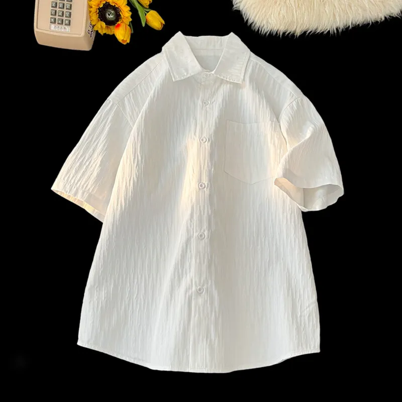 

Свободный крой ort Sve irt, мужской летний однотонный однотонный воротник в вертикальную полоску, большой размер, молодежный модный повседневный текстурированный воротник irt