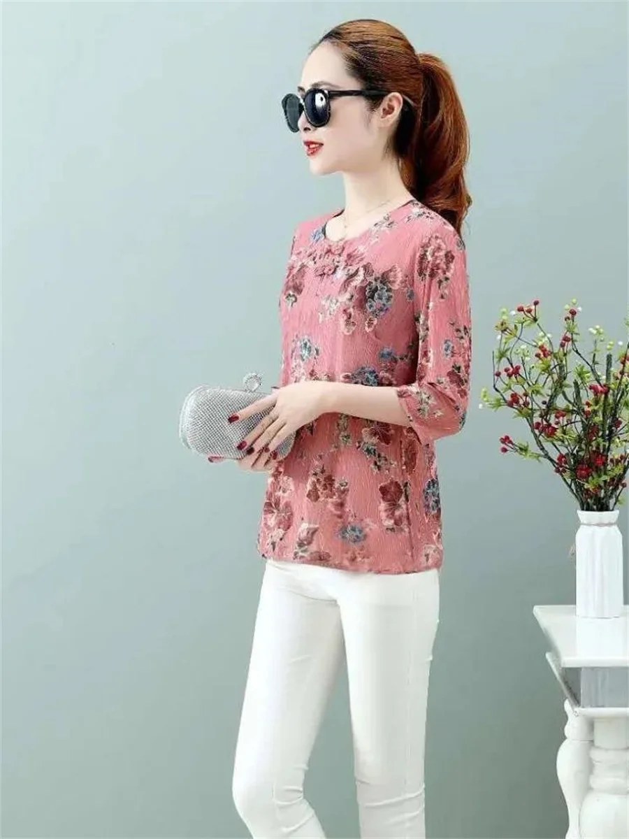 5XL Women Spring Summer Blouses Shirts Lady Fashion Casual Short Sleeve O-Neck Collar Flower Printing Blusas Tops G2102