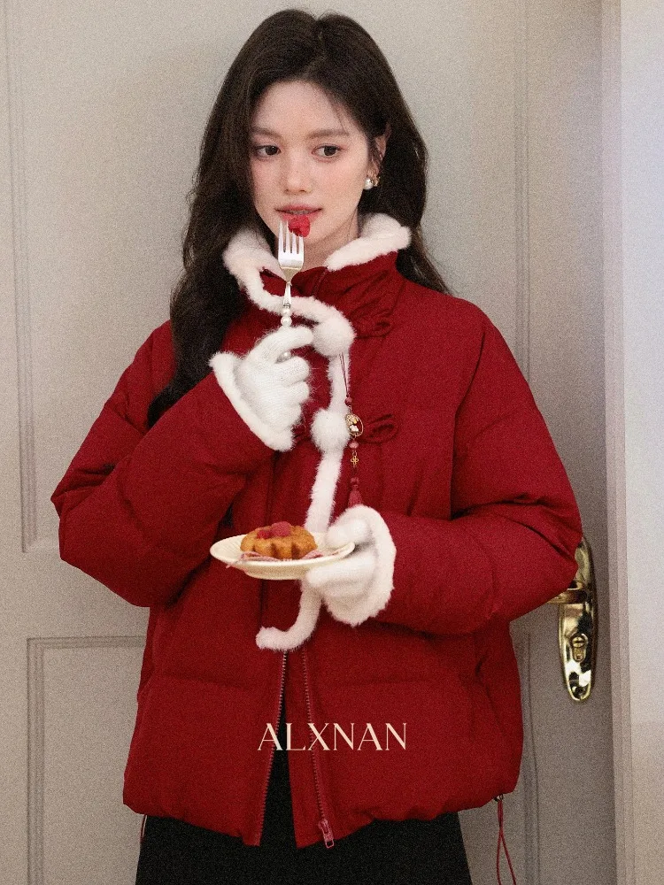 ALXNAN-Chaqueta de plumón de invierno para mujer, abrigo acolchado largo rojo, Parka con capucha de piel de pato blanca 90%, abrigo acolchado grueso cálido de lujo L59355