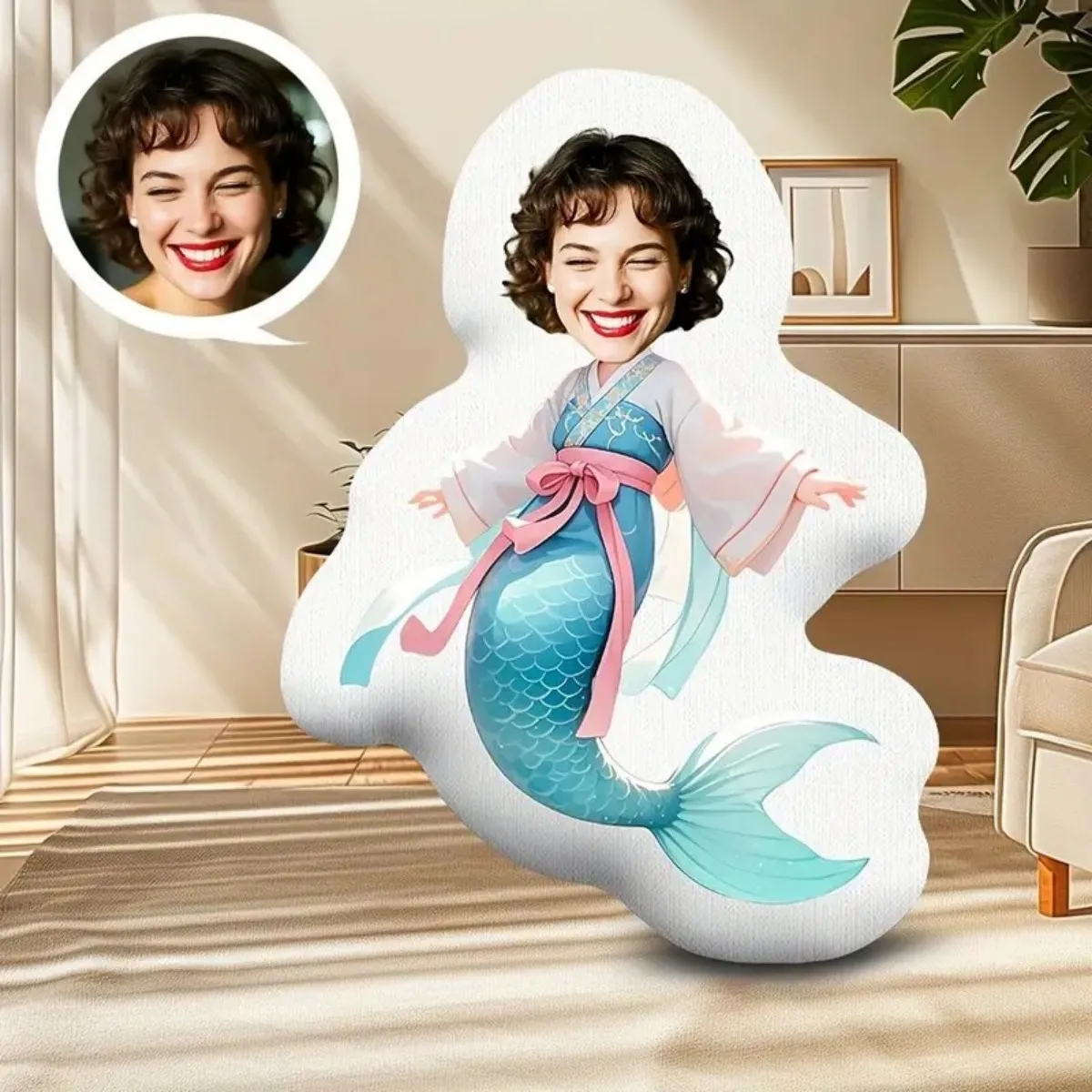 وسادة قطيفة منزلية مخصصة للصور - هدية مخصصة على شكل وجه حورية البحر مع صورتك، هدية تذكارية #3