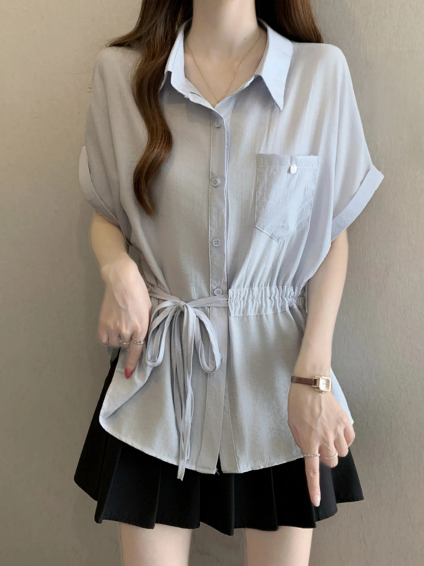

Slimming Neck Short Sleeve Women's Base Shirt Summer 2026 plus Size Conceals Belly Button Tie Waistline Top