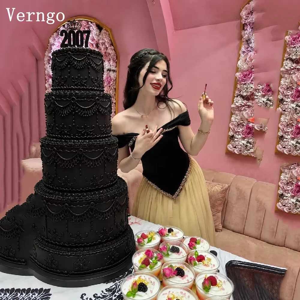Verngo Luxury Black Evening Dresses Off The Shoulder A Line Pleated Prom Gowns Women Maxi ArabiaWedding Party Dresses Customized