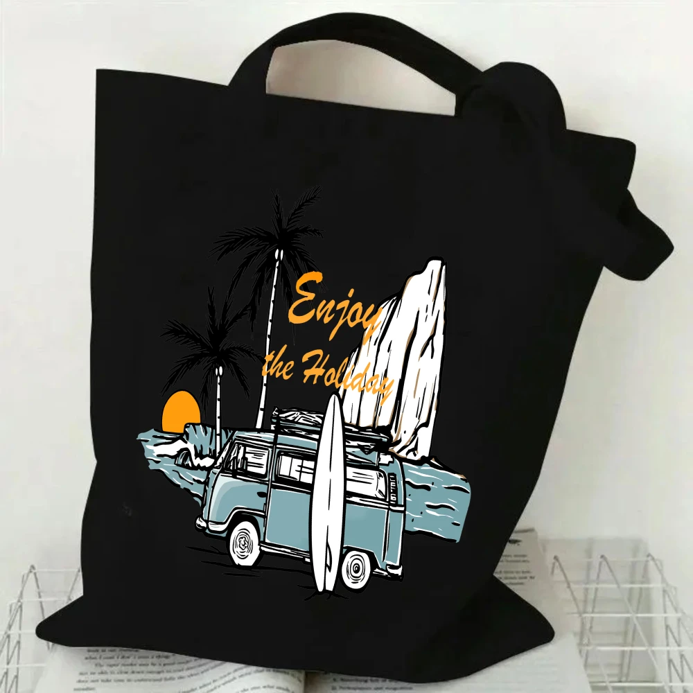 Vintage Retro Surfer Van Canvas Tote Bag, Beach Holiday Graphic Reusable Bag, Retro Summer Vacation Tote for Daily Use Women Bag