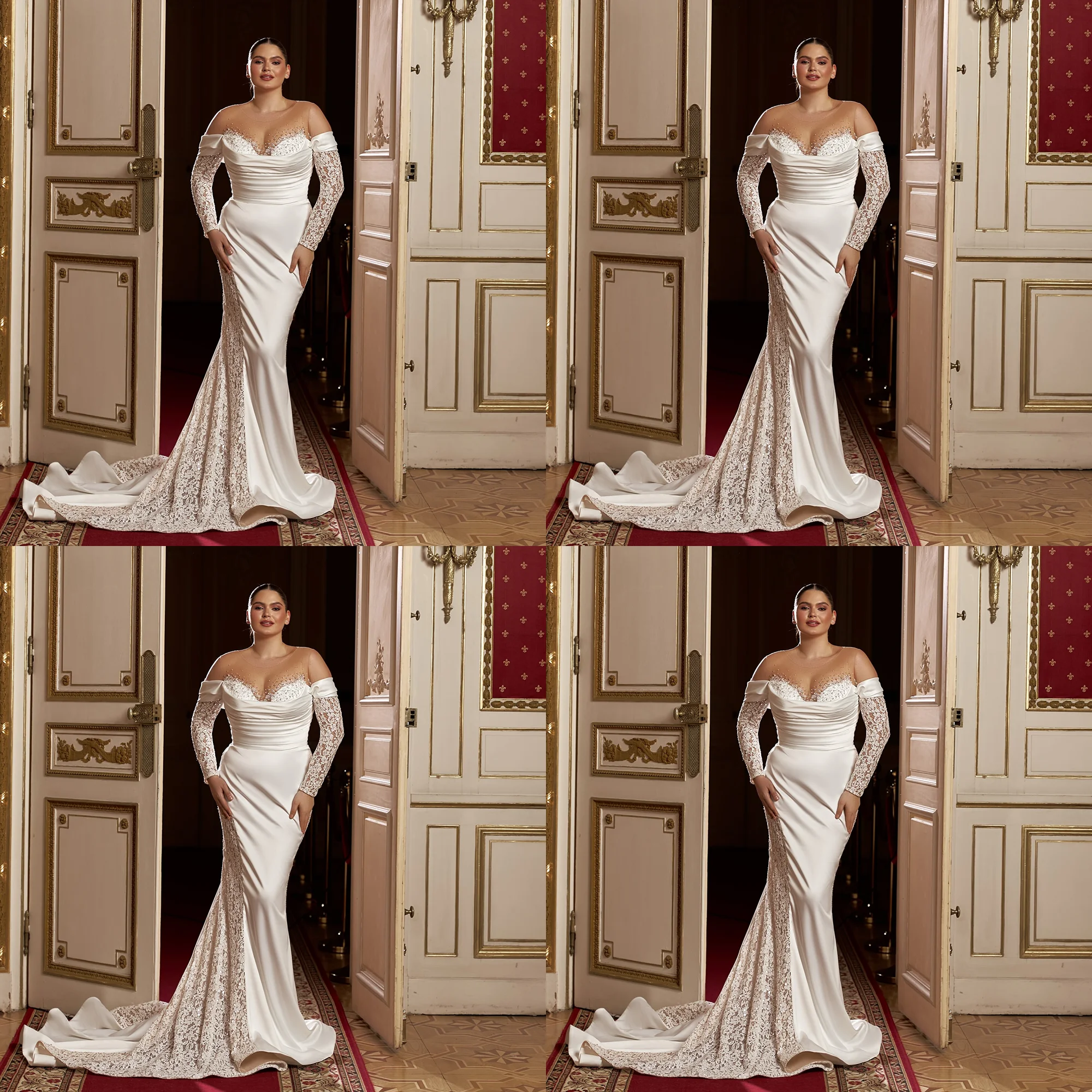 

Plus Size Scoop Neck 3/4 Sleeve Satin Beaded Wedding Dress Mermaid Backless Lace Side Slit Bridesmaid Gown with Train Custom