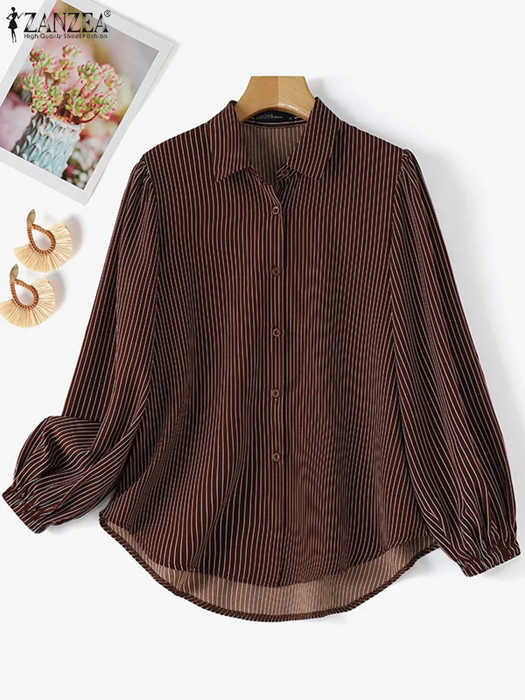 ZANZEA Women Muslim Fashion Striped Shirts Islamic Hijab Long Sleeve Lapel Neck Rounded Hem Camisas Fall 2024 Button Up Blouses