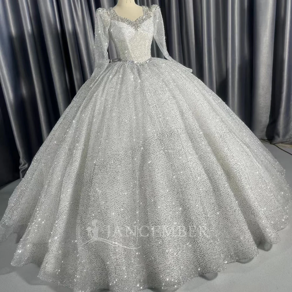 Abito da sposa abito da ballo con perline abito da ballo maniche lunghe scollo rotondo abito da sposa all'ingrosso in fabbrica Vestido De Novia personalizzato