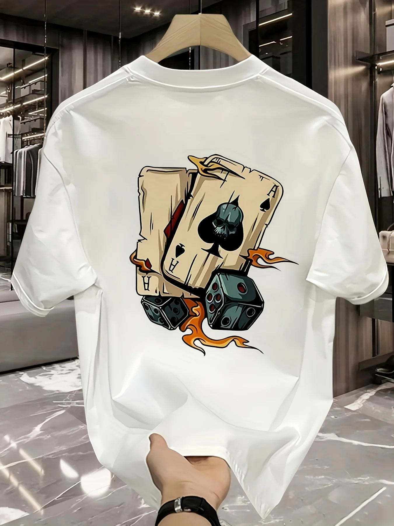 Men's summer 100% pure cotton fashionable casual loose creative poker and dice printed sports round neck short sleeved T-shirt image 3