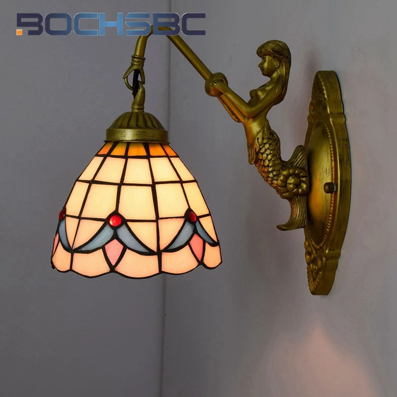 BOCHSBC Tiffany style stained glass retro magnolia swing arm wall lamp Restaurant bedroom bedside wall lamp bar aisle LED decor