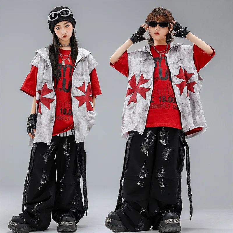 

Kid Kpop Hip Hop Clothing Print Sleeveless Hoodie Jacket Black Strap Parachute Cargo Pants for Girl Boy Dance Costumes Clothes