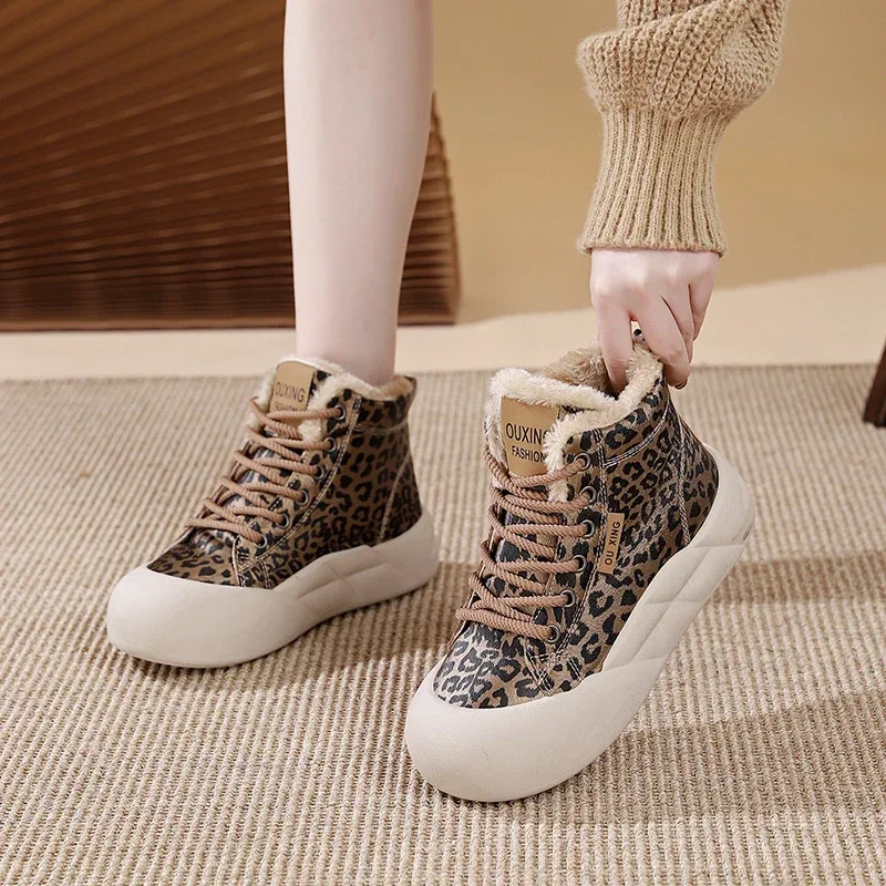 Winter Print Snow Cotton Shoes Women\'s Outdoor Leopard Casual Sports Velvet Cotton Shoes Thick-soled Warm Fur Boots Comfortable