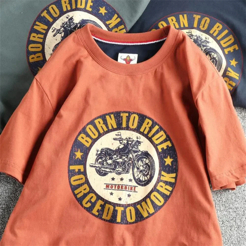 

Лето 2026, модная мужская мотоциклетная футболка в стиле ретро с короткими рукавами, мужская хлопковая футболка из стираной шерсти с круглым вырезом, половина футболки