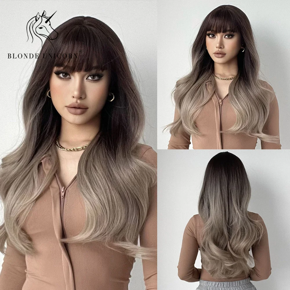 

Blonde Unicorn Synthetic Long Wavy Wig Ombre Brown For Black White Women Daily Party Wigs Heat Resistant Fiber Bangs Hair