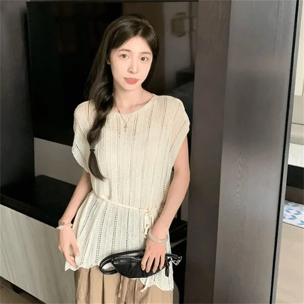 Korean Style O-Neck Waist Cinching Shirt Bow Tie Casual Short Sleeve T-Shirts Young Women Summer Fashion Season Regular Length