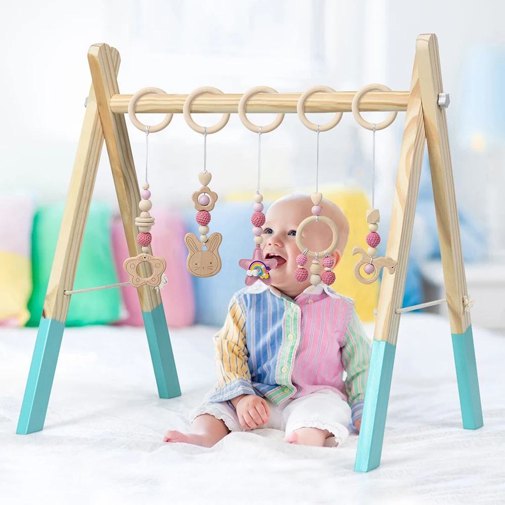 5Pcs Baby Wooden Gym Pendant Set Pink Wooden Bunny Butterfly Kids Gym Frame Stroller Hanging Pendant Decoration for Crib Pram