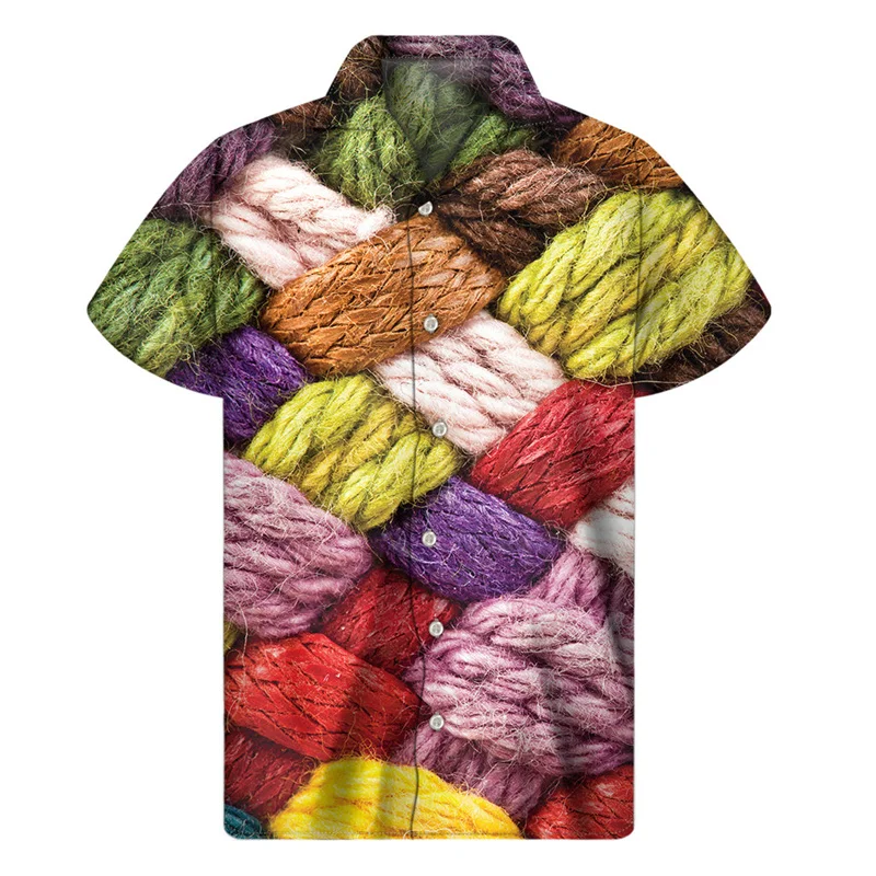 Colorful Wool Yarns 3d Printed Shirt Men Women Summer Vacation Loose Short Sleeves Hawaiian Shirts Button Lapel Aloha Blouse