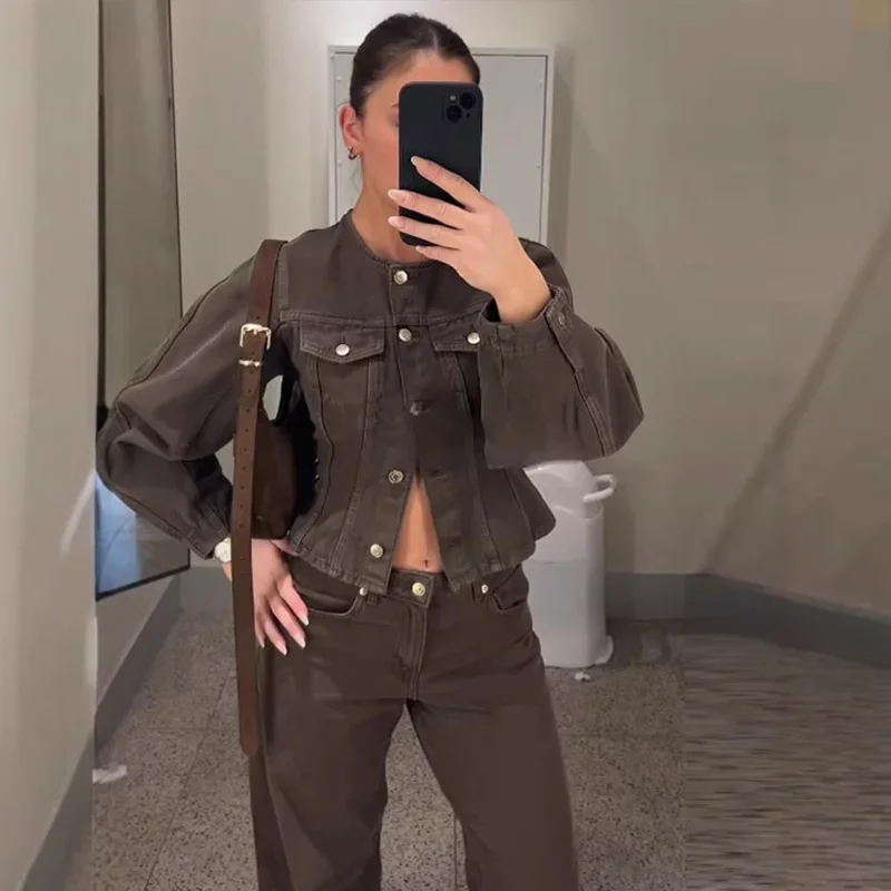 الشارع الصلبة الدنيم المرأة بنطلون البدلة Y2k س الرقبة واحدة الصدر معطف نحيف جيب مضغوط السراويل 2025 ربيع الخريف سيدة مجموعة