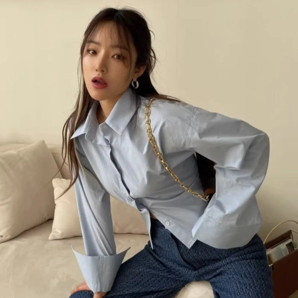 

Ins Fashion Short Women Belt Tied Blouse V-neck Korean Y2K Style Long Sleeve Shirts Shirt Back Blue Belt Tied Slim Shirts Women