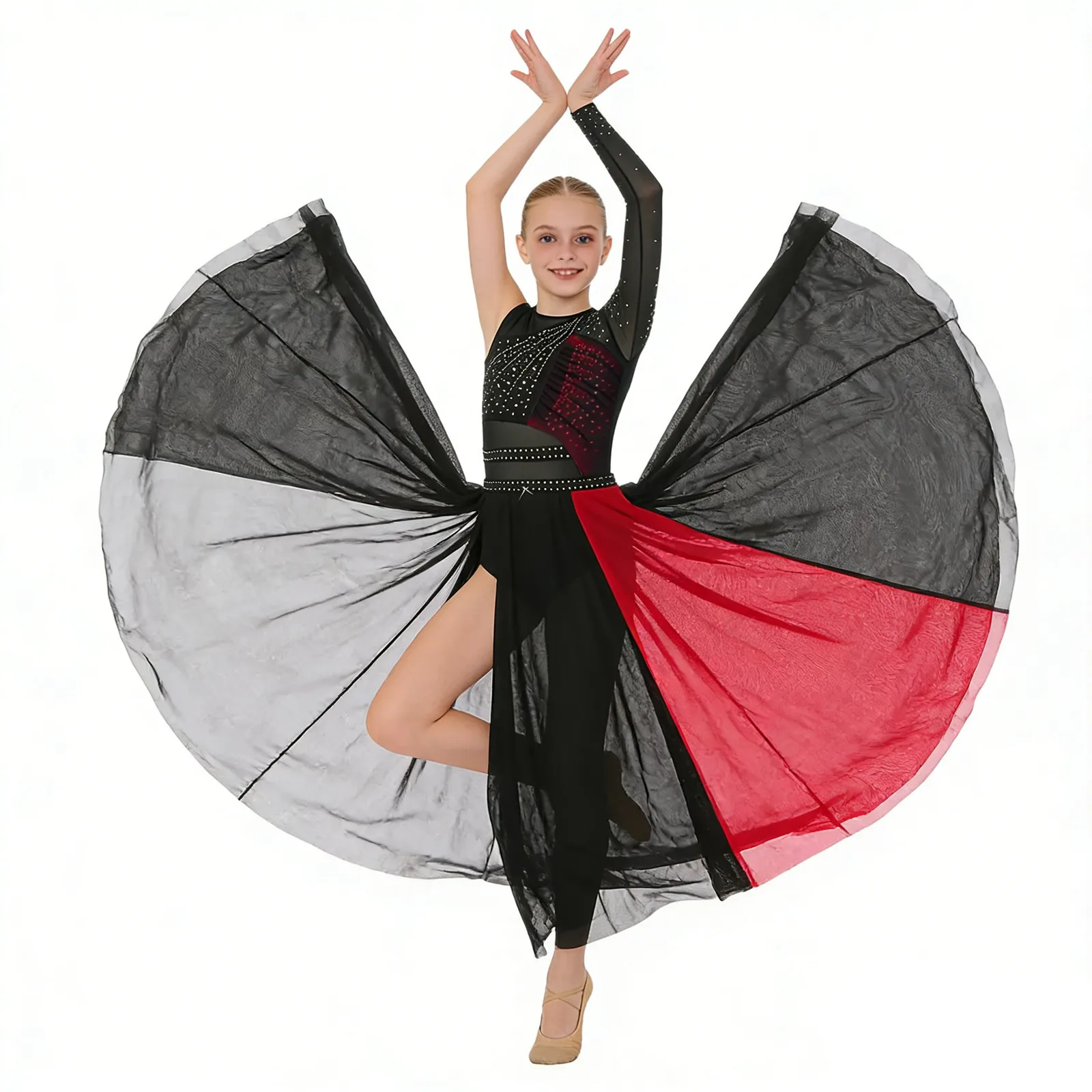 Mädchen Strass-Verziertes Transparentes Mesh-Tanzkleid für Modernen Lyrischen Tanz, Eiskunstlauf, Gymnastik, Akrobatik und Ballett-Aufführungen