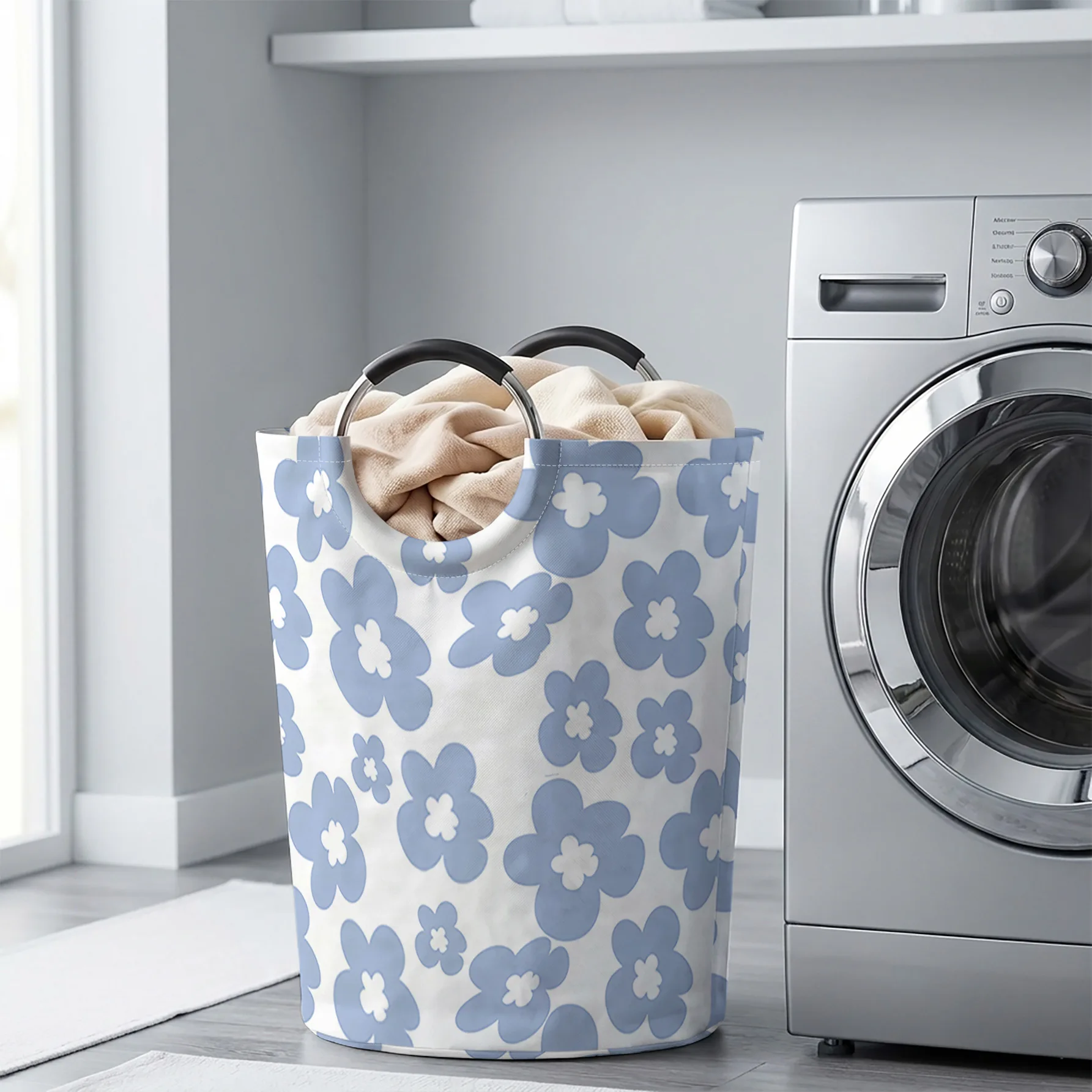 Blue Small Flower All‑Over Print Handheld Storage Basket, For Laundry, Bedroom & Home Sundries Storage