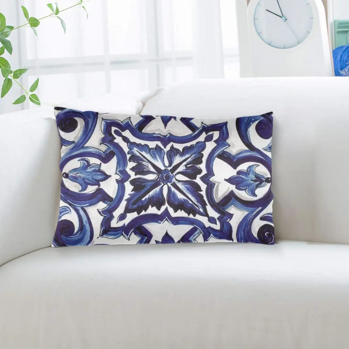 Blue Ornate Floral Mediterranean Sicilian Tile Rectangle Pillowcase Cushion Cover Decor Bedroom Bed Home Comfort Throw Pillow