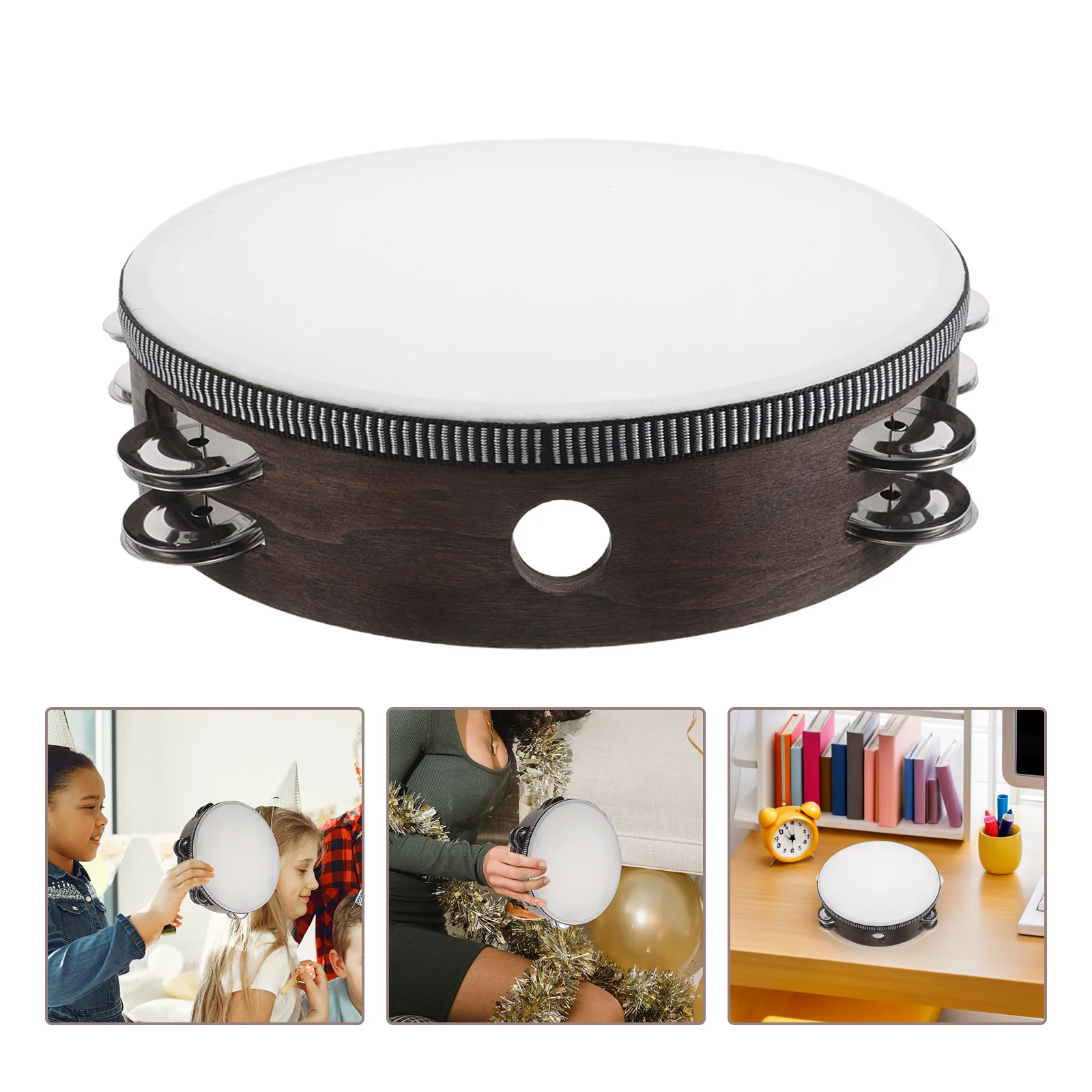 

Walnut Finish Handheld Tambourine Double Row Jingles for Kids Classroom Music Teaching Percussion Instrument Band Hand Bell