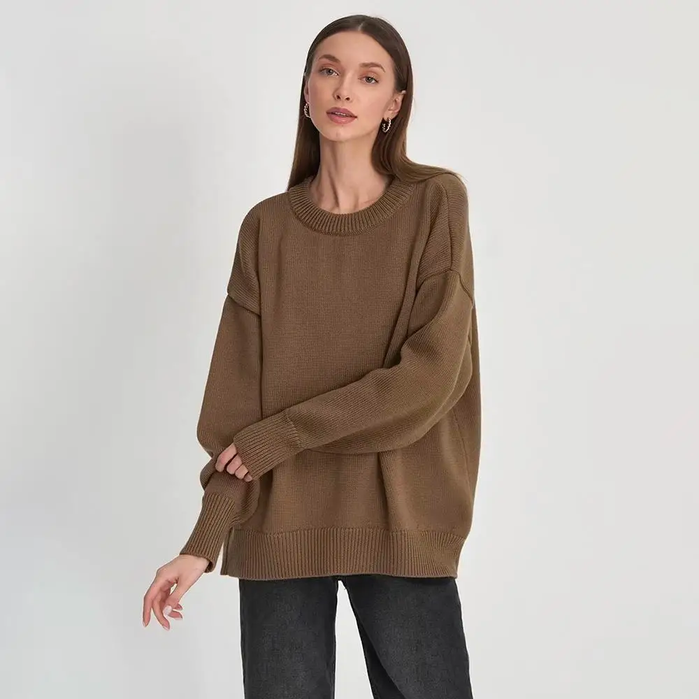 

Ele Pure Color Knit Sweater Loose Fit round Ne Women's Autumn Winter Faion Commute Versatile Casual Long Sve Top