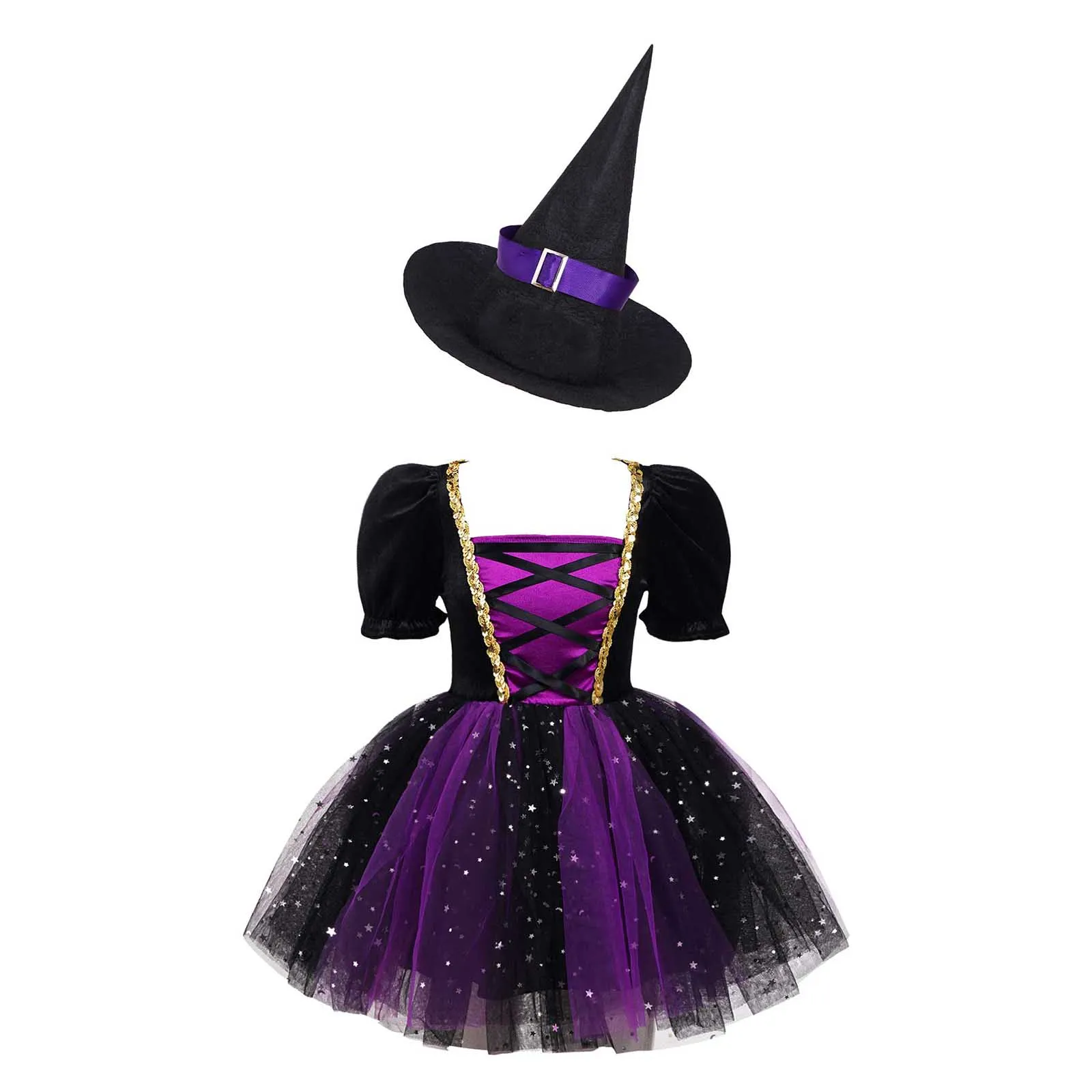 Kid Girls Halloween Witch Costume Sparkly Silver Stars Printed Carnival Cosplay Dress with Pointed Hat Wand Dress Up Clothes