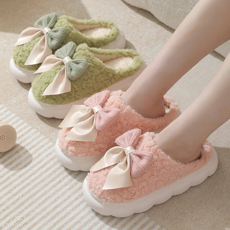 Slippers Cotton Shoes Thick Soles Anti Slip Cotton Slippers Warmth Home Use Household Use Winter Bow Tie Women Cotton Slipper