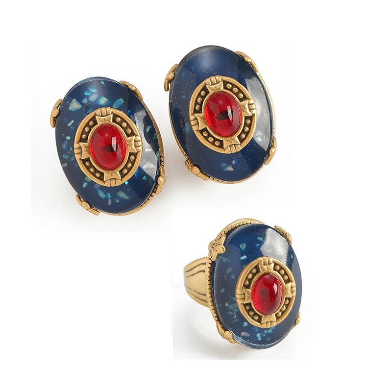 Vintage Red Glazed Opal Blue Palace Jewelry Sets Stud Earring Rings Luxury Trendy High Quality Classic Banquets Daily Gift New
