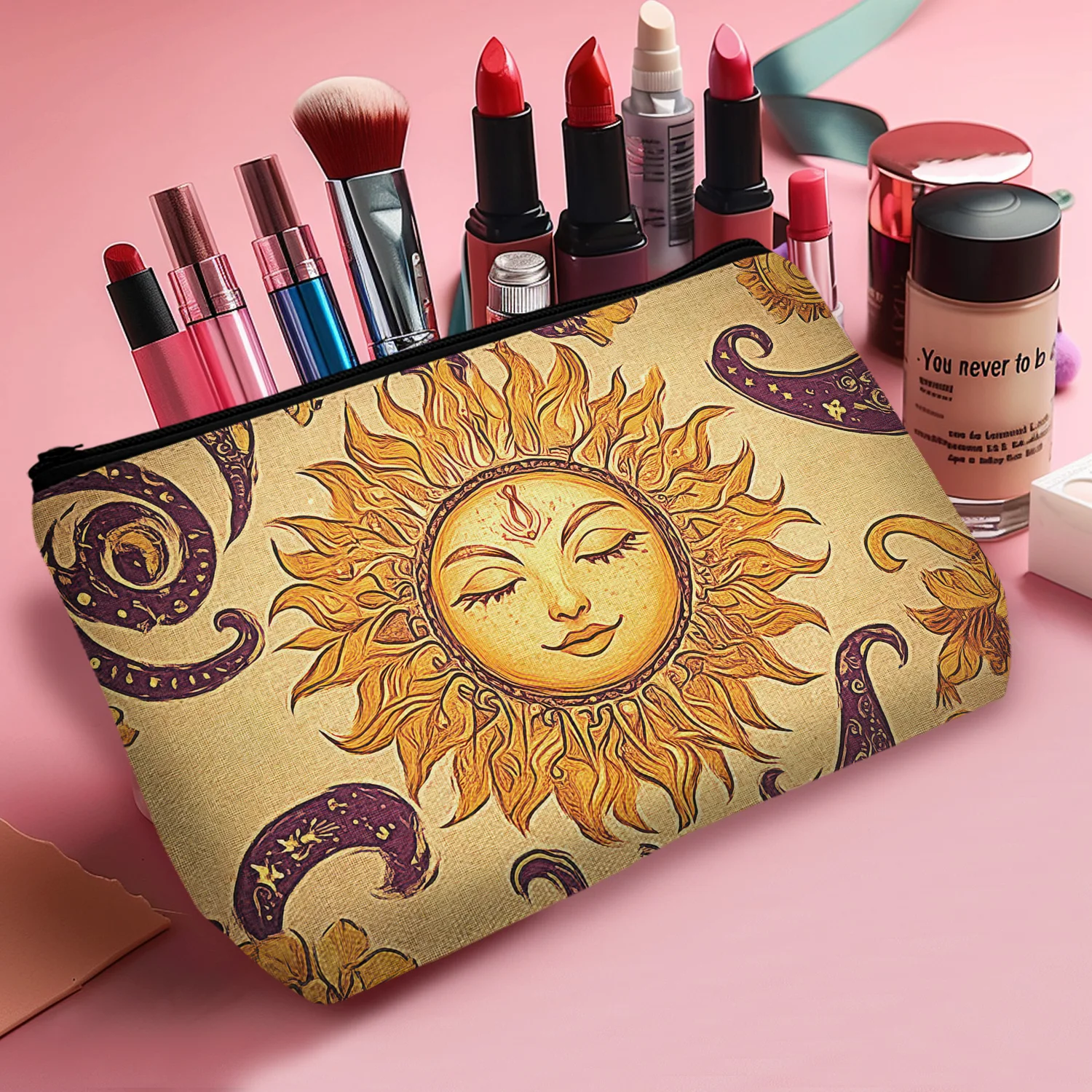 1Pc Anthropomorphic Retro Sun Pattern Cosmetic Bag Ancient Greek Style Bohemian Style Ethnic Style Cosmetic Bag A 8.66X5.51Inch