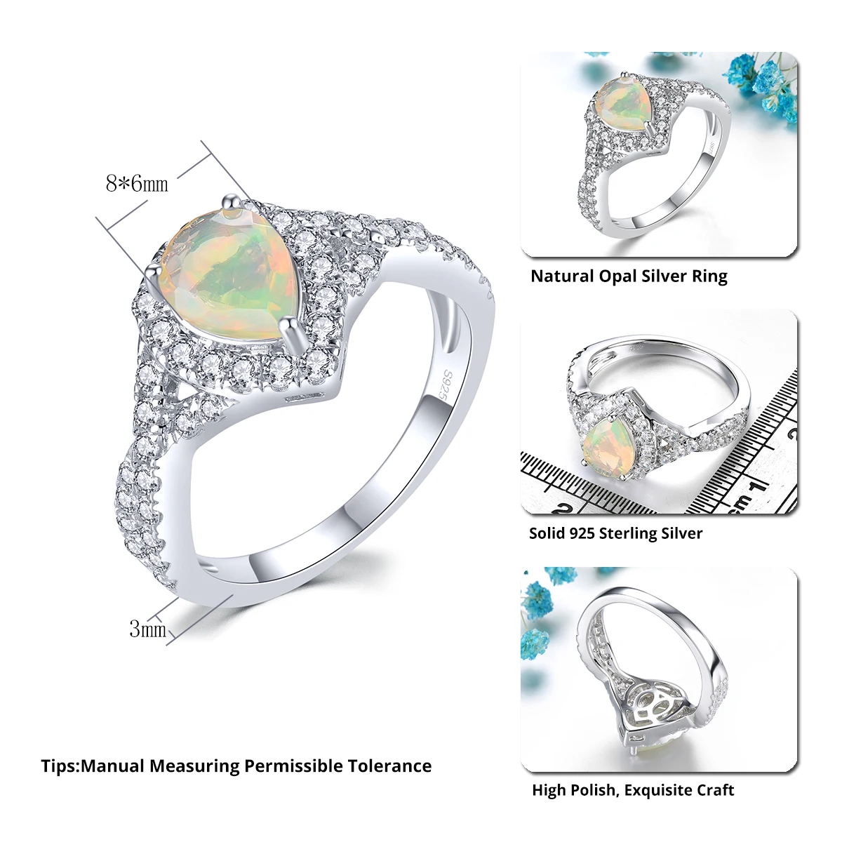 Natural Opal Solid Sterling Silver Rings 0.6 Carats Faced Opal Gemstone Classic Fine Jewelry Design S925 Rhodium Plated Quality