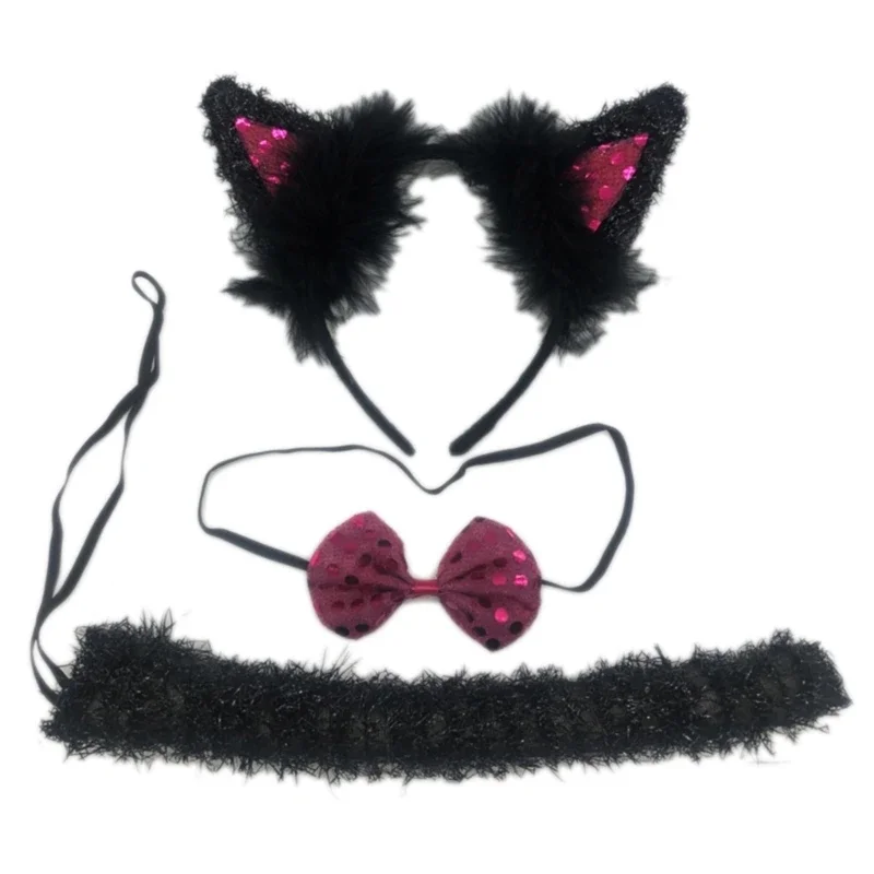 Frauen Mädchen Cosplay Tier Katze Ohren Stirnband Bogen Schwanz Fancy Party Dress Up Kostüme Zubehör Set R7RF