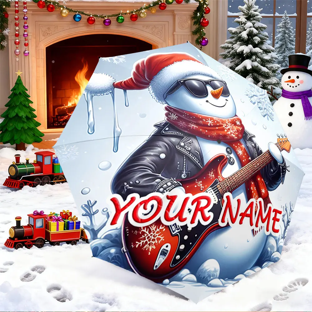 Custom Name Umbrella， Rock Snowman with Guitar and Christmas Snowflake Design ,Portable Folding Umbrella, Christmas Gift