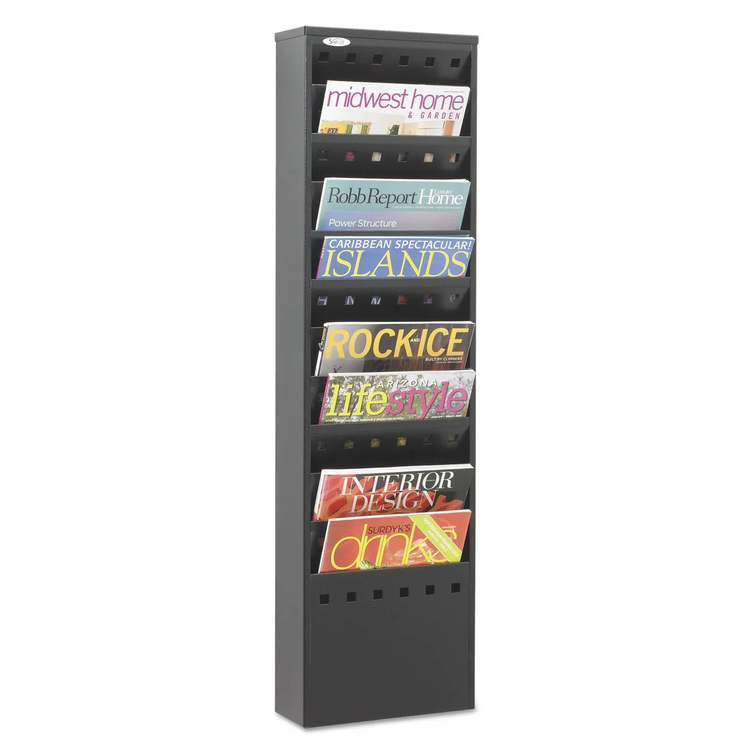 4321BL Steel Magazine Rack, 11 Pockets - Durable Wall Mounted Black Steel Construction with Optional Base - Perfect